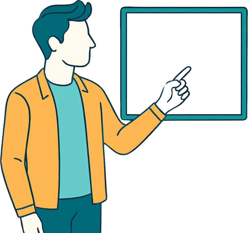 Tutor pointing at a whiteboard showing a fractions number line